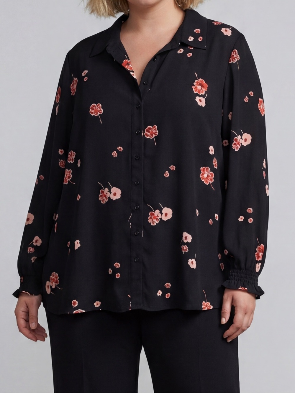 Lane Bryant long-sleeve Chiffon button-down cherry blossom floral blouse career